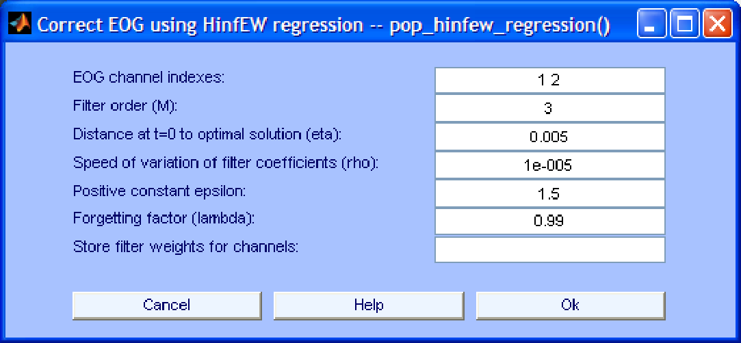 Interface window for EOG removal using HinfEW regression.