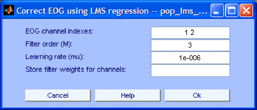 Interface window for EOG removal using LMS regression.