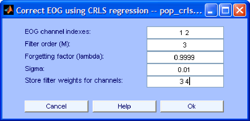 Interface window for EOG removal using RLS regression.