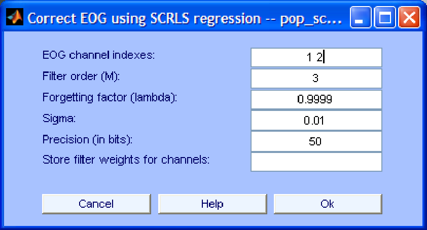 Interface window for EOG removal using SRLS regression.